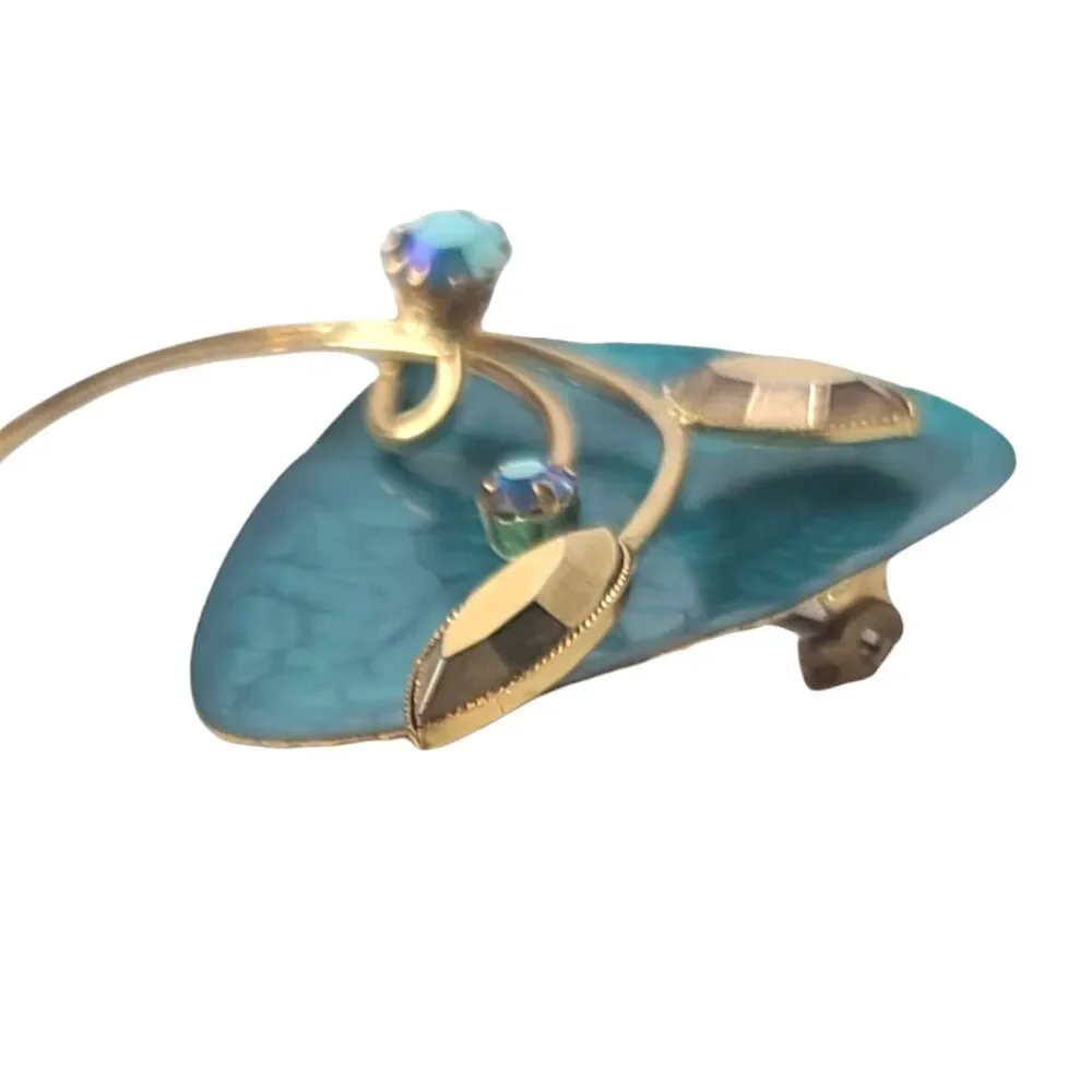 Vintage West Germany Asymmetrical AB Rhinestone Teal Metal Flower Brooch Pendant